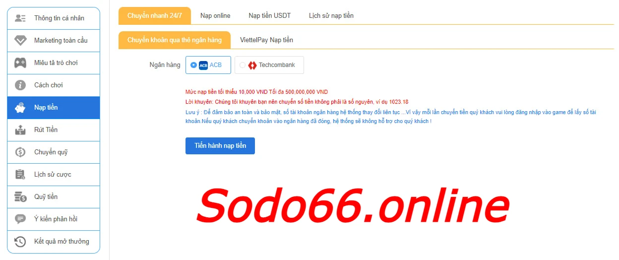Giới thiệu các hình thức nạp tiền có tại Sodo66