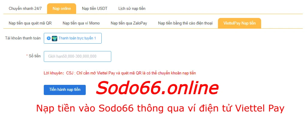Nạp tiền vào tài khoản cược Sodo66 qua ví điện tử Viettel Pay